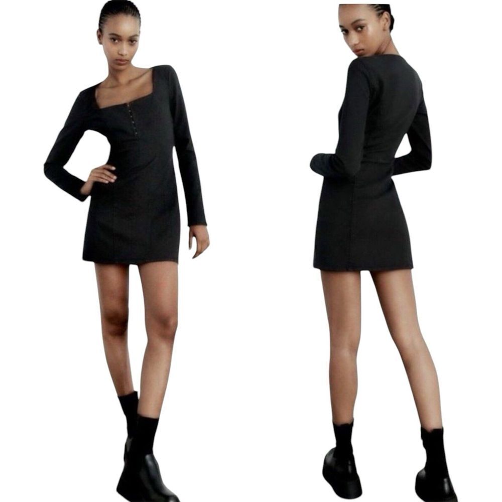 Zara Black Denim Long Sleeve Mini Short Dress Long Sleeve Square Neck Women's XS